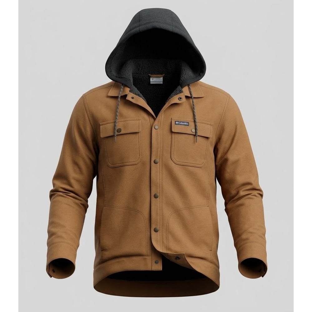 Columbia Men's Brown Denim w Black Fleece Liner Hooded Snap Up Jacket. Size S